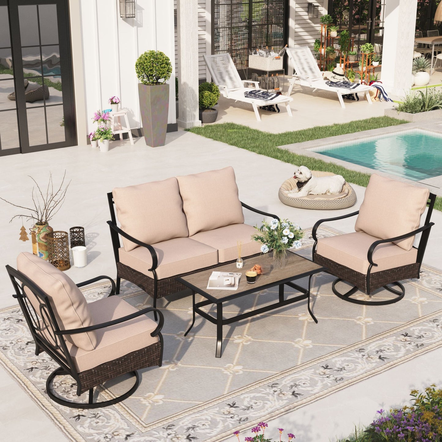 Sophia & William 4 Piece Metal Patio Furniture Set 4-Seat Outdoor Conversation Set with Swivel Chairs