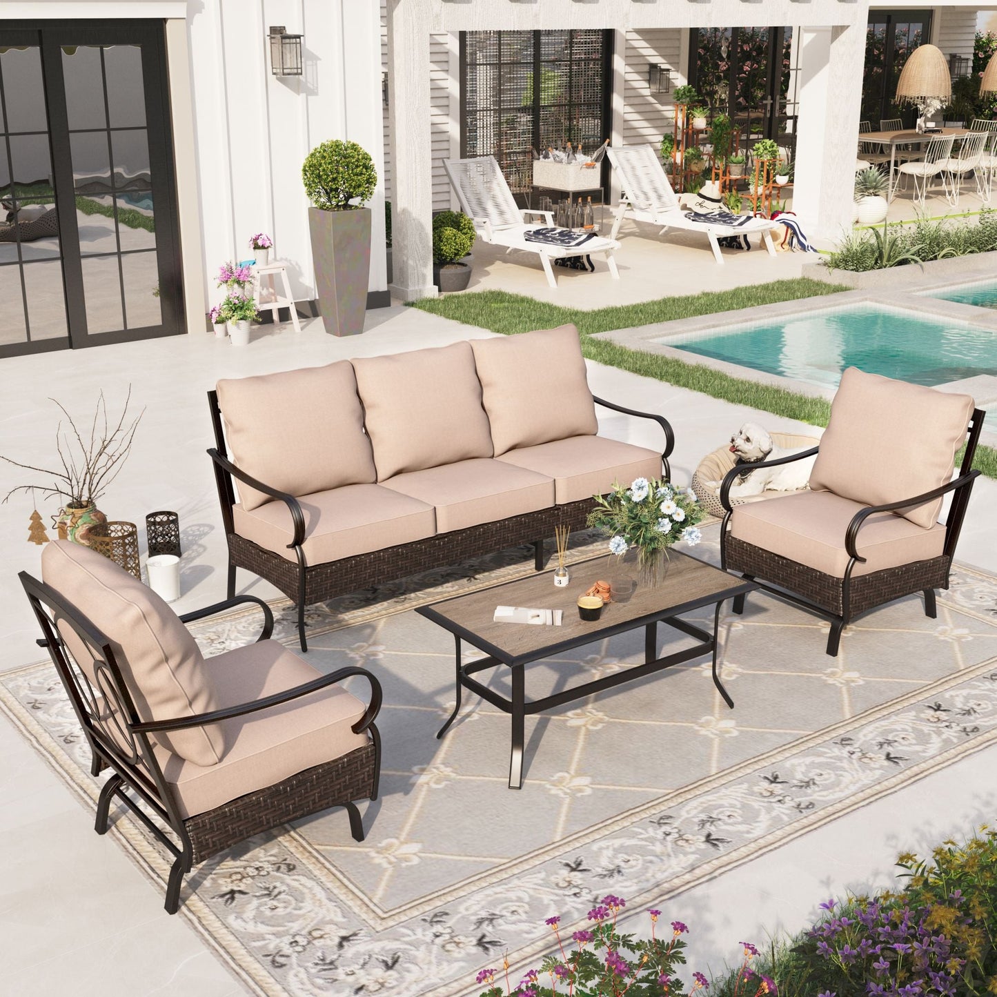 Sophia & William 4 Piece Metal Patio Balcony Furniture Set 5-Seat Outdoor Conversation Set with Spring Rocking Chairs and Coffe Table