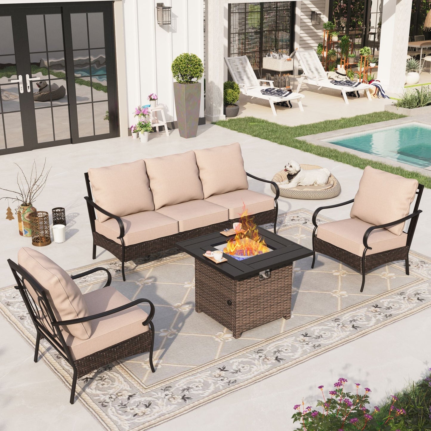 Sophia & William 4 Piece Outdoor Conversation Set 5-Seat Steel Patio Furniture Set with 32" Fire Pit Table