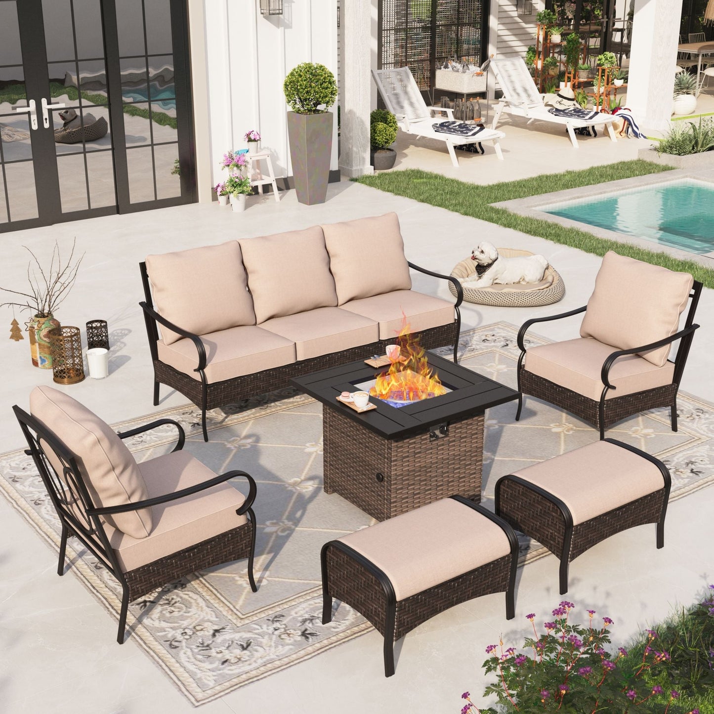 Sophia & William 6 Piece Outdoor Conversation Set 7-Seat Steel Patio Furniture Set with 32" Fire Pit Table