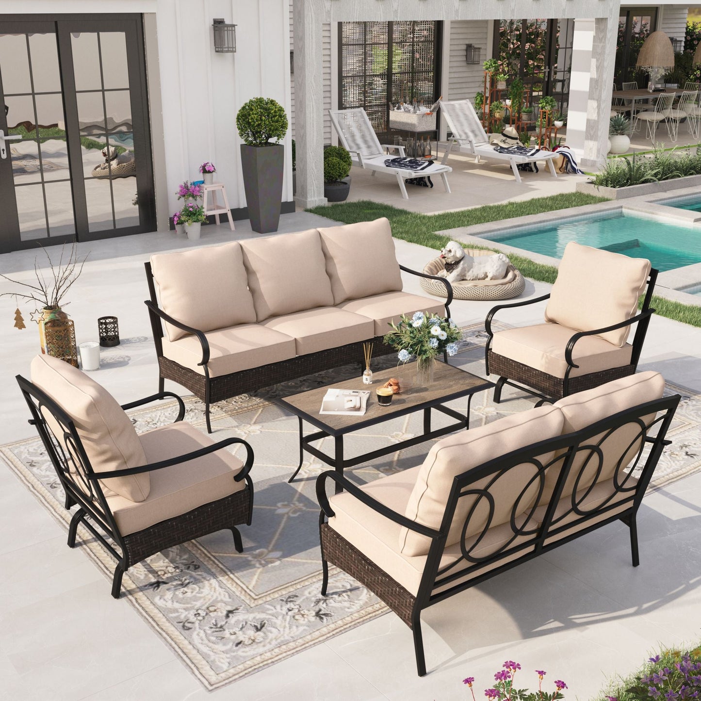 Sophia & William 5 Piece Metal Outdoor Conversation Set 7-Seat Patio Furniture Set with Spring Rocking Chairs