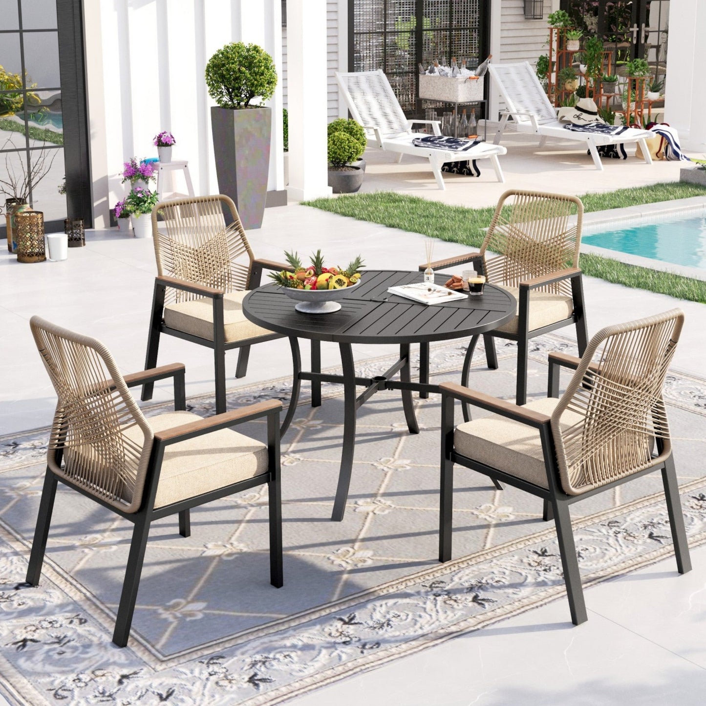 Sophia & William 5-Piece Outdoor Patio Dining Set Metal Rattan Chairs and Steel Round Table