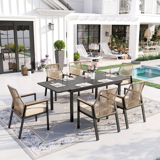 Sophia & William 7-Piece Outdoor Patio Dining Set Metal Rattan Chairs and Extendable Steel Table