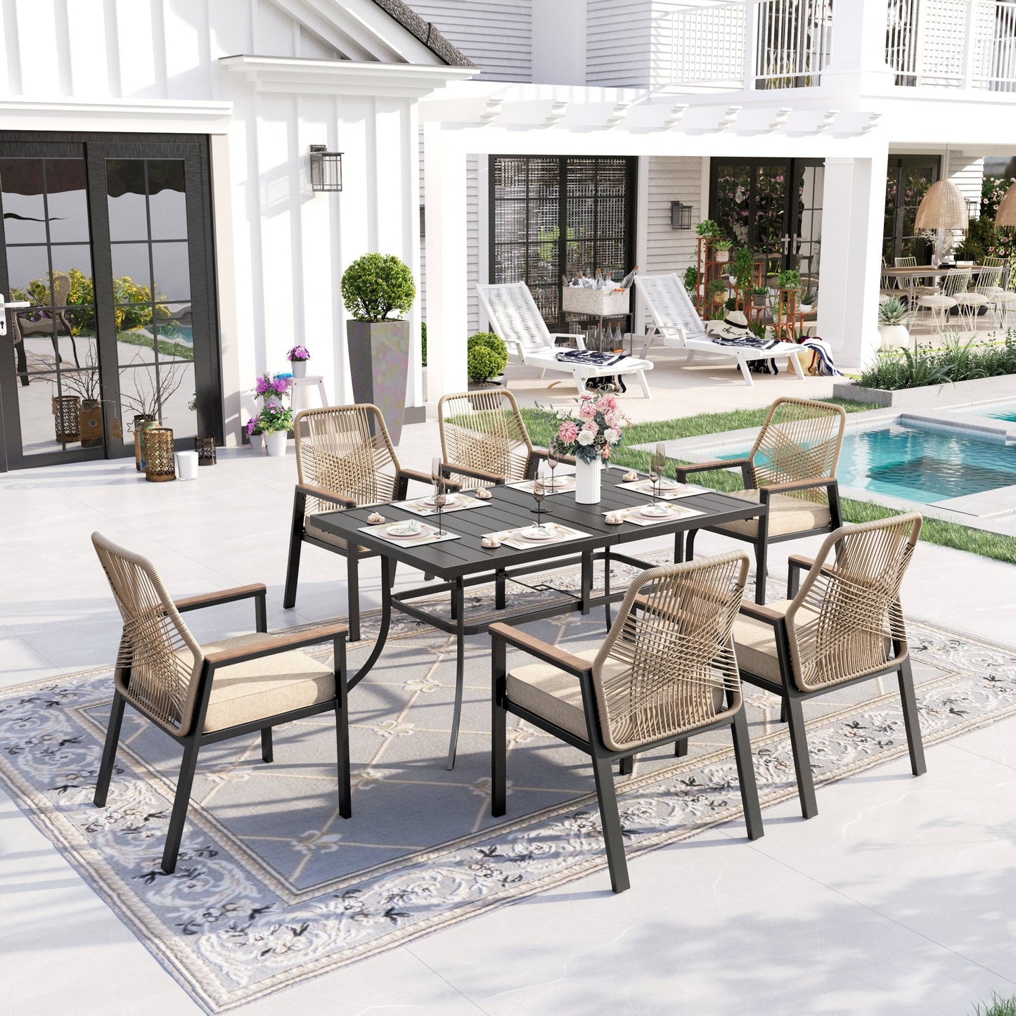 Sophia & William 7-Piece Outdoor Patio Dining Set Metal Rattan Chairs and Steel Table
