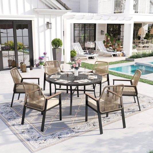 Sophia & William 7-Piece Outdoor Patio Dining Set Metal Rattan Chairs and Steel Round Table