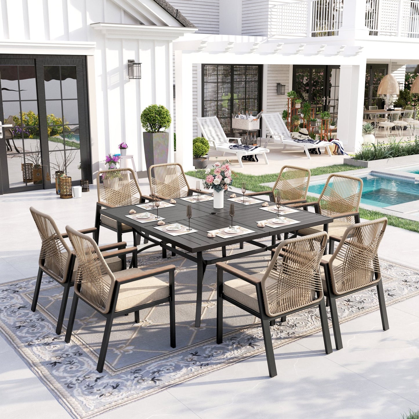 Sophia & William 9-Piece Outdoor Patio Dining Set Metal Rattan Chairs and Large Steel Square Table