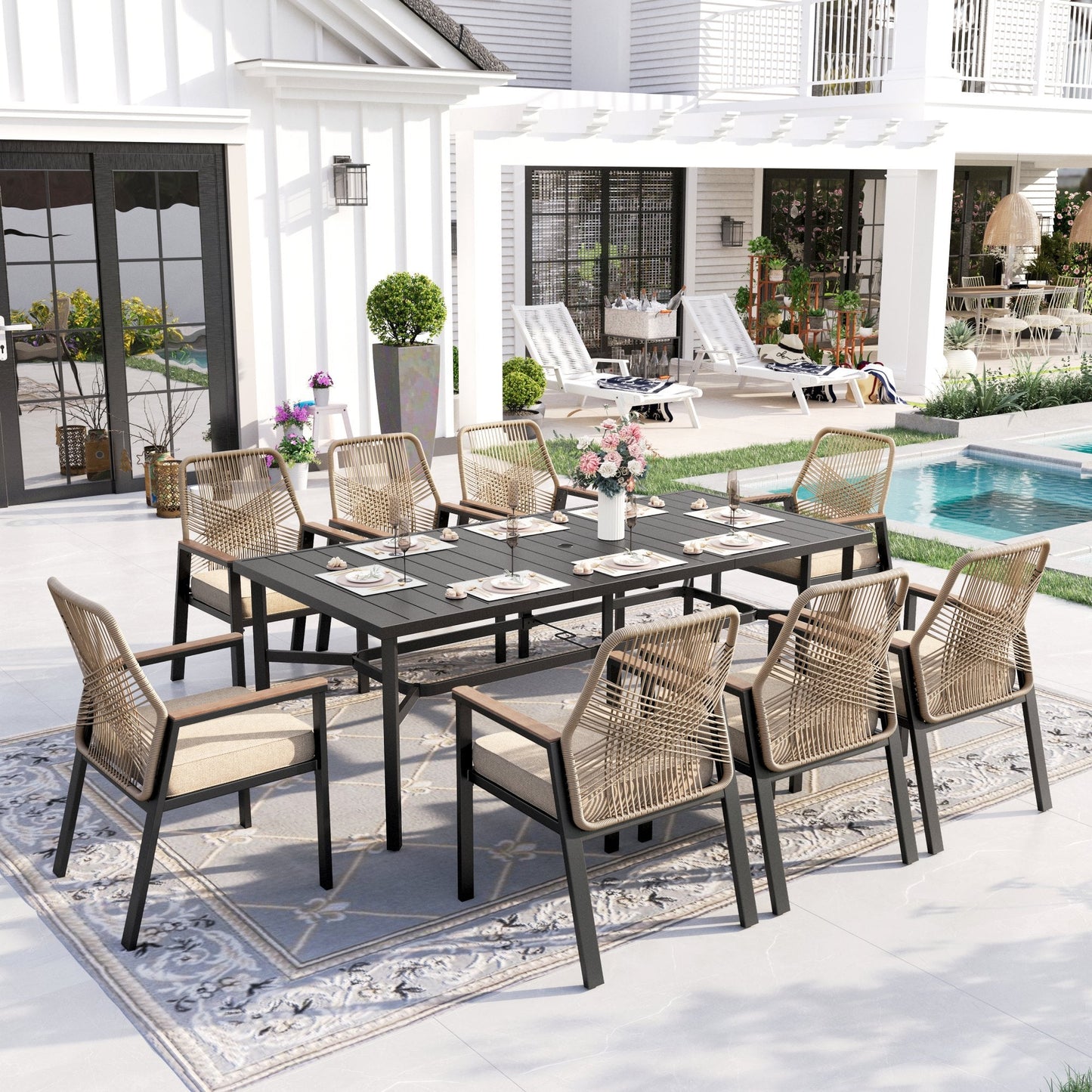 Sophia & William 9-Piece Outdoor Patio Dining Set Metal Rattan Chairs and Rectangle Steel Table