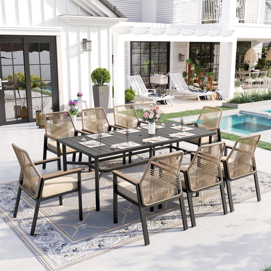 Sophia & William 9-Piece Outdoor Patio Dining Set Metal Rattan Chairs and Rectangle Steel Table
