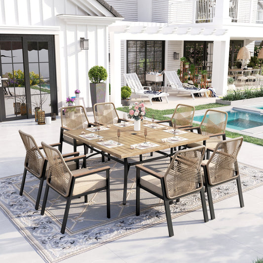 Sophia & William 9-Piece Outdoor Patio Dining Set Metal Wicker Chairs and Large Teak Color Steel Square Table