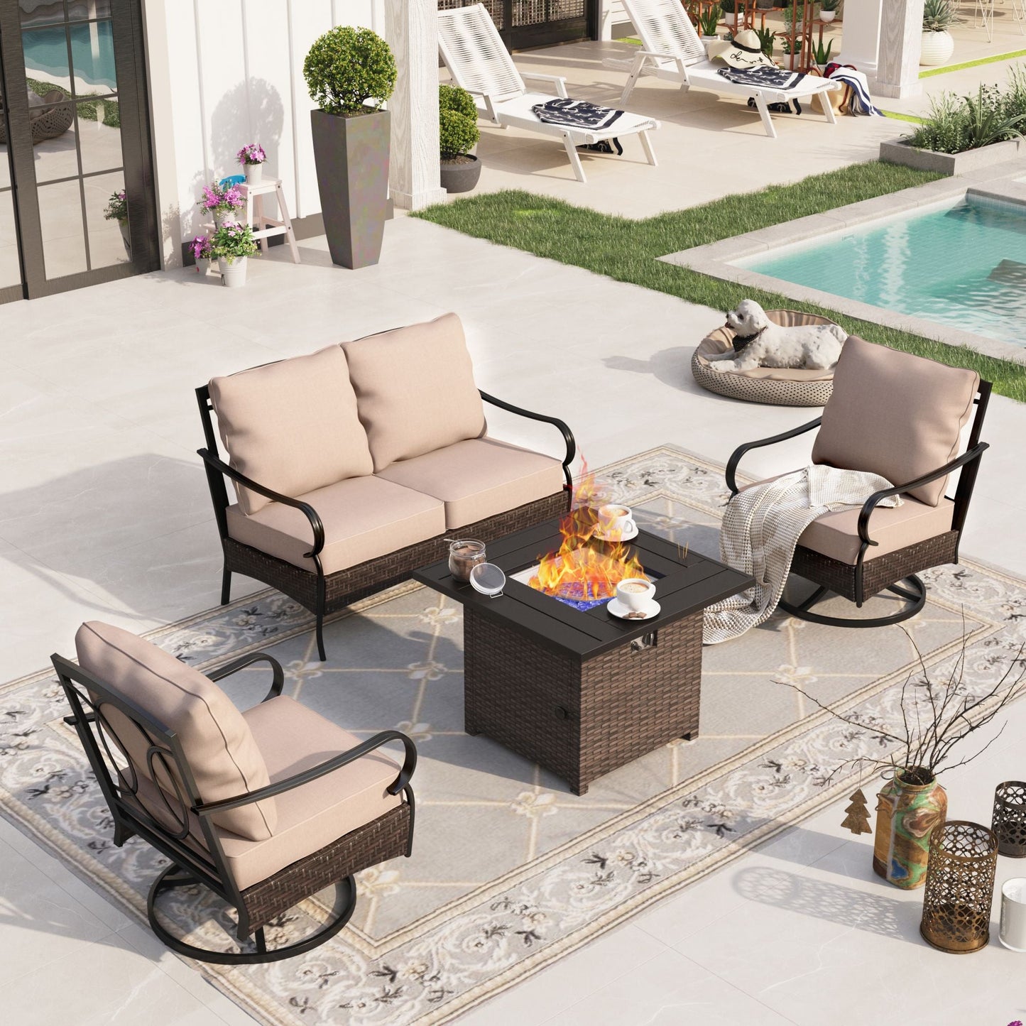 Sophia & William 4 Piece Steel Patio Furniture Set with 32" Fire Pit Table and Swivel Sofa Chairs Outdoor Conversation Set, Beige