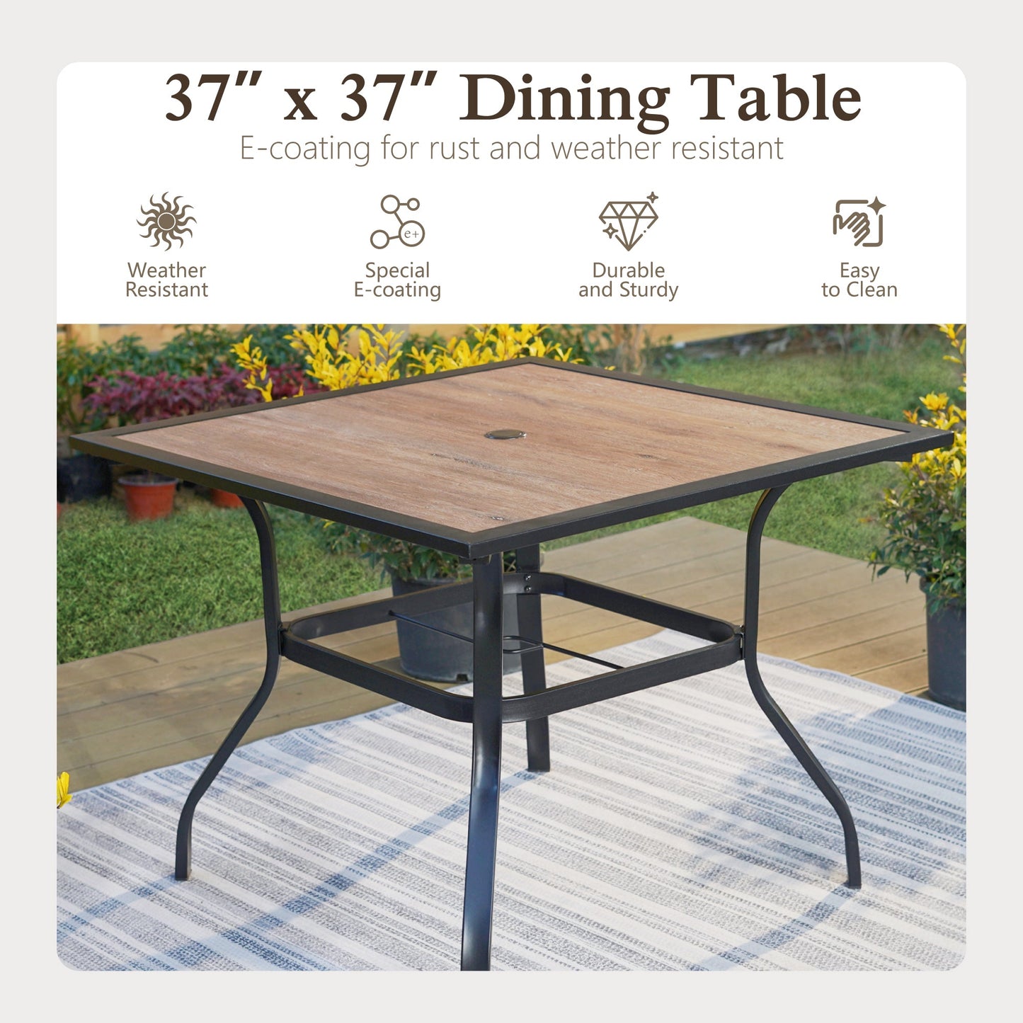 Alpha Joy 6-Piece Outdoor Patio Dining Set with 9ft Umbrella, Rattan Chairs & Square Wood-grain Table Set for 4, Beige Umbrella