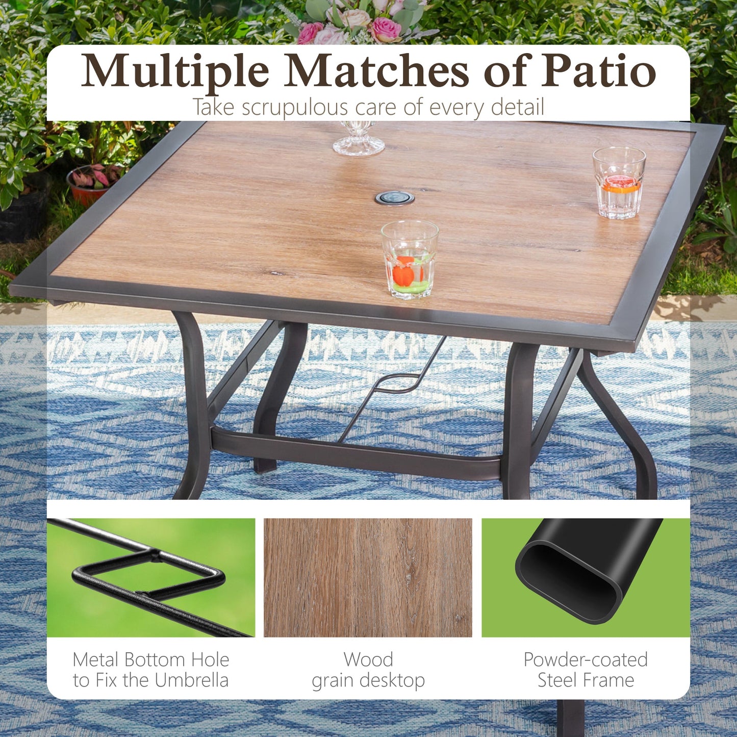 Alpha Joy 6-Piece Outdoor Patio Dining Set with 9ft Umbrella, Rattan Chairs & Square Wood-grain Table Set for 4, Red Umbrella