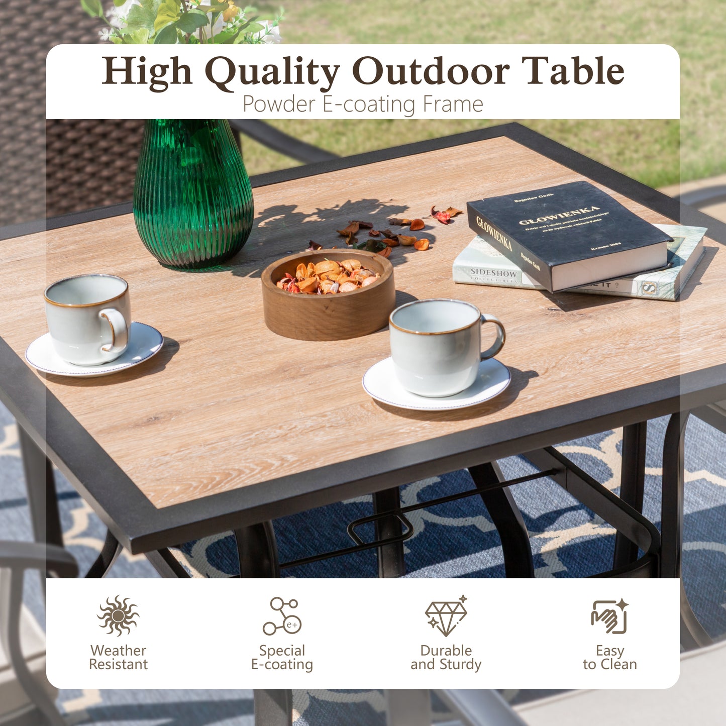 Sophia&William 5Pcs Patio Dining Set Outdoor Metal Padded Swivel Chairs and Square Wooden-like Table-top Table for 4