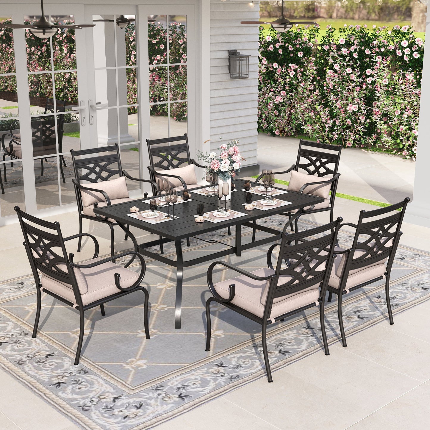Sophia&William 7-Piece Outdoor Patio Dining Set Metal Cushioned Chairs and Table Furniture Set with Cushion for 6, Beige