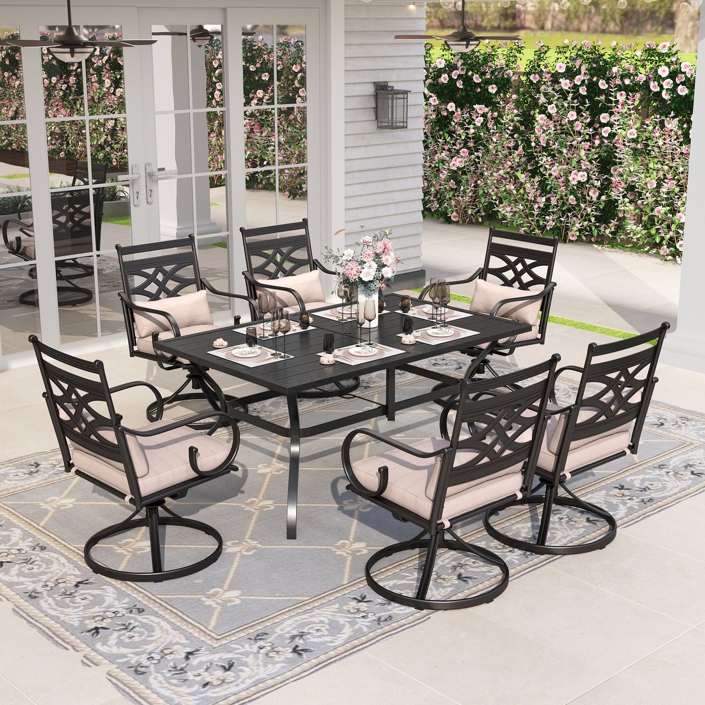 Sophia & William 7-Piece Outdoor Patio Dining Set Cushioned Swivel Chairs and Steel Table with Cushion, Beige