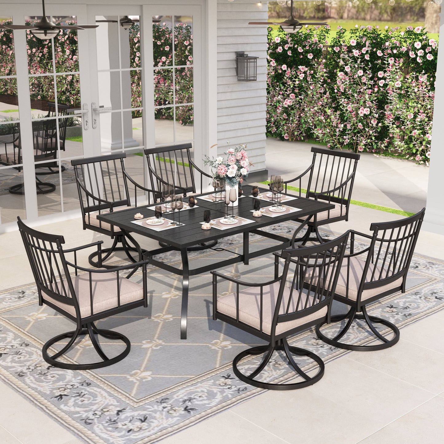 Sophia & William 7-Piece Patio Outdoor Dining Set Metal Swivel Chairs and Table Set Outside Furniture Set with Beige Cushions