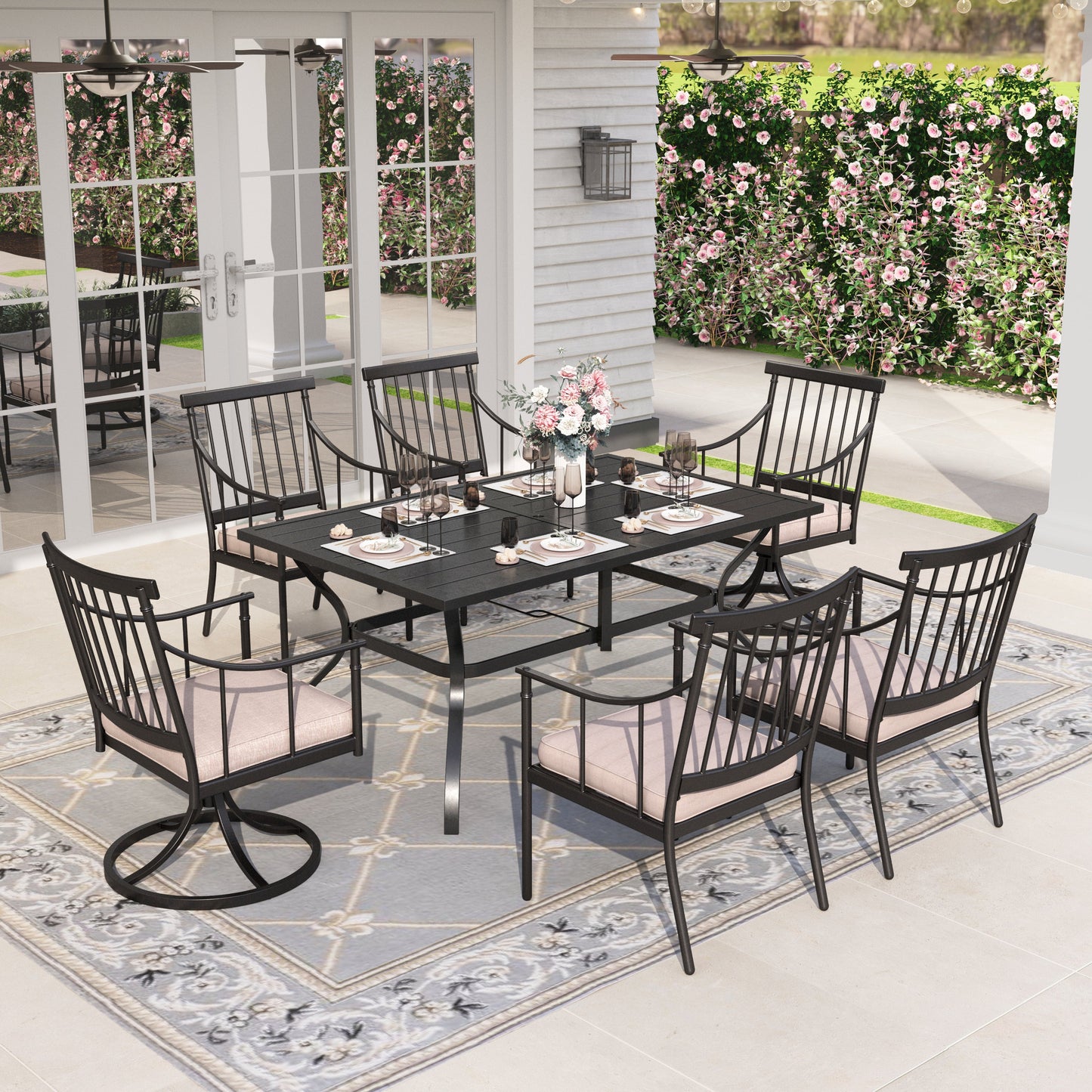 Sophia & William 7 Pieces Patio Outdoor Dining Set Metal Table and Swivel Chairs Set with Beige Cushions