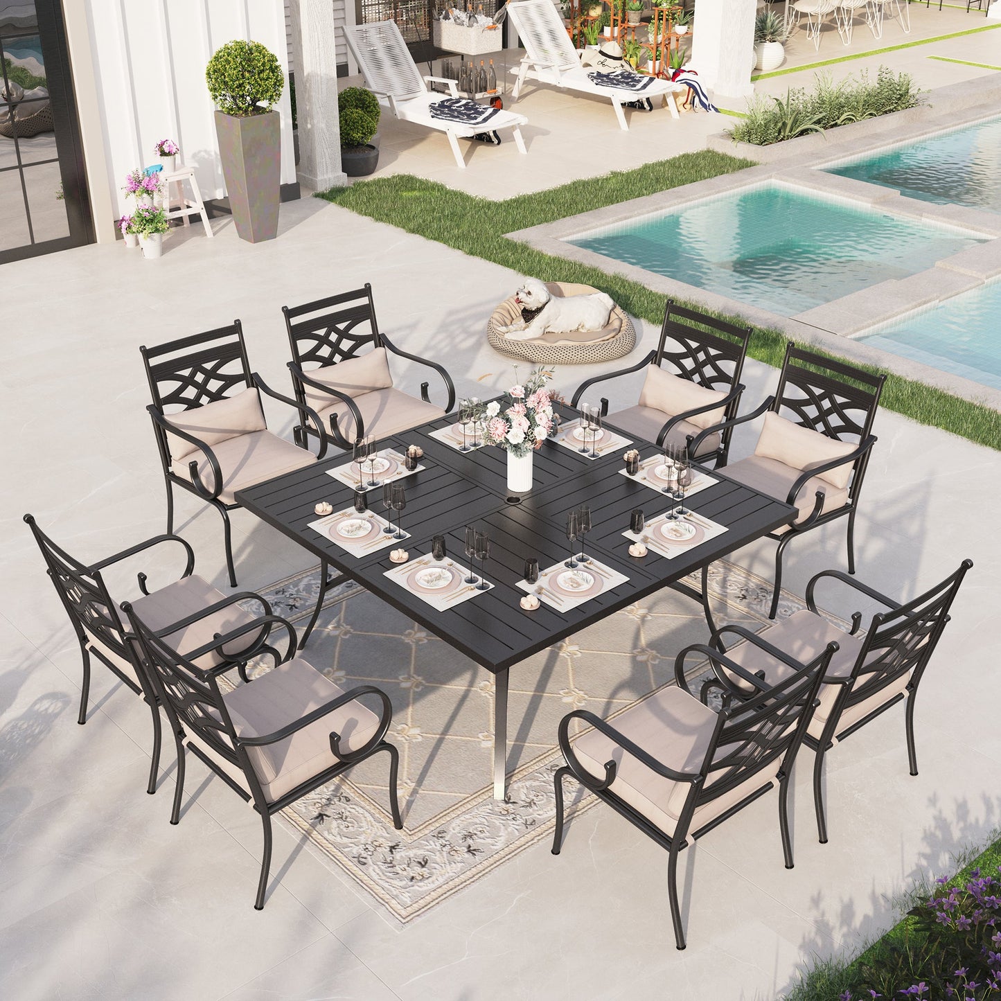 Sophia & William 9 Piece Outdoor Patio Dining Set 60  Square Table and Metal Cushioned Chairs Furniture Set for 8, Beige