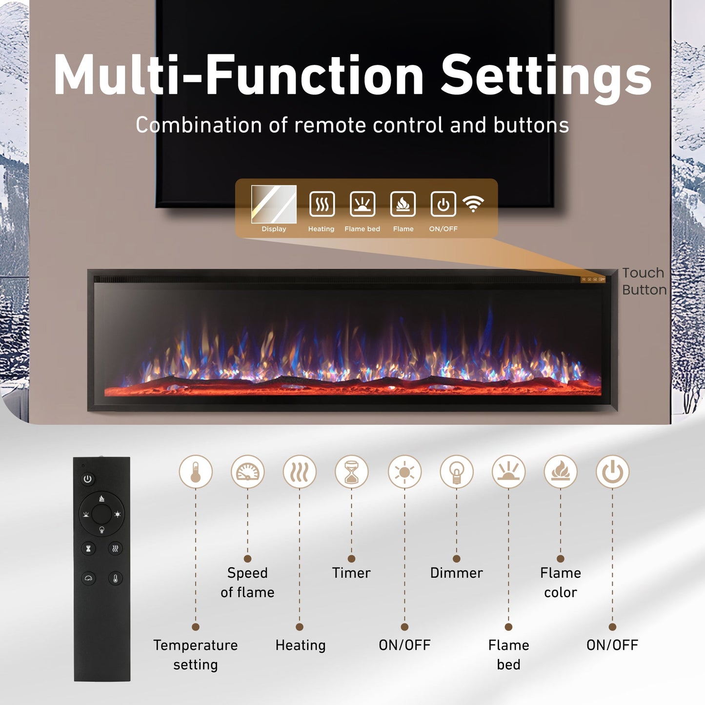 S&W 50" Electric Fireplace, Ultra-Slim Frame Recessed & Wall Mounted Fireplace Insert, Adjustable Flame Color & Speed, Remote Control
