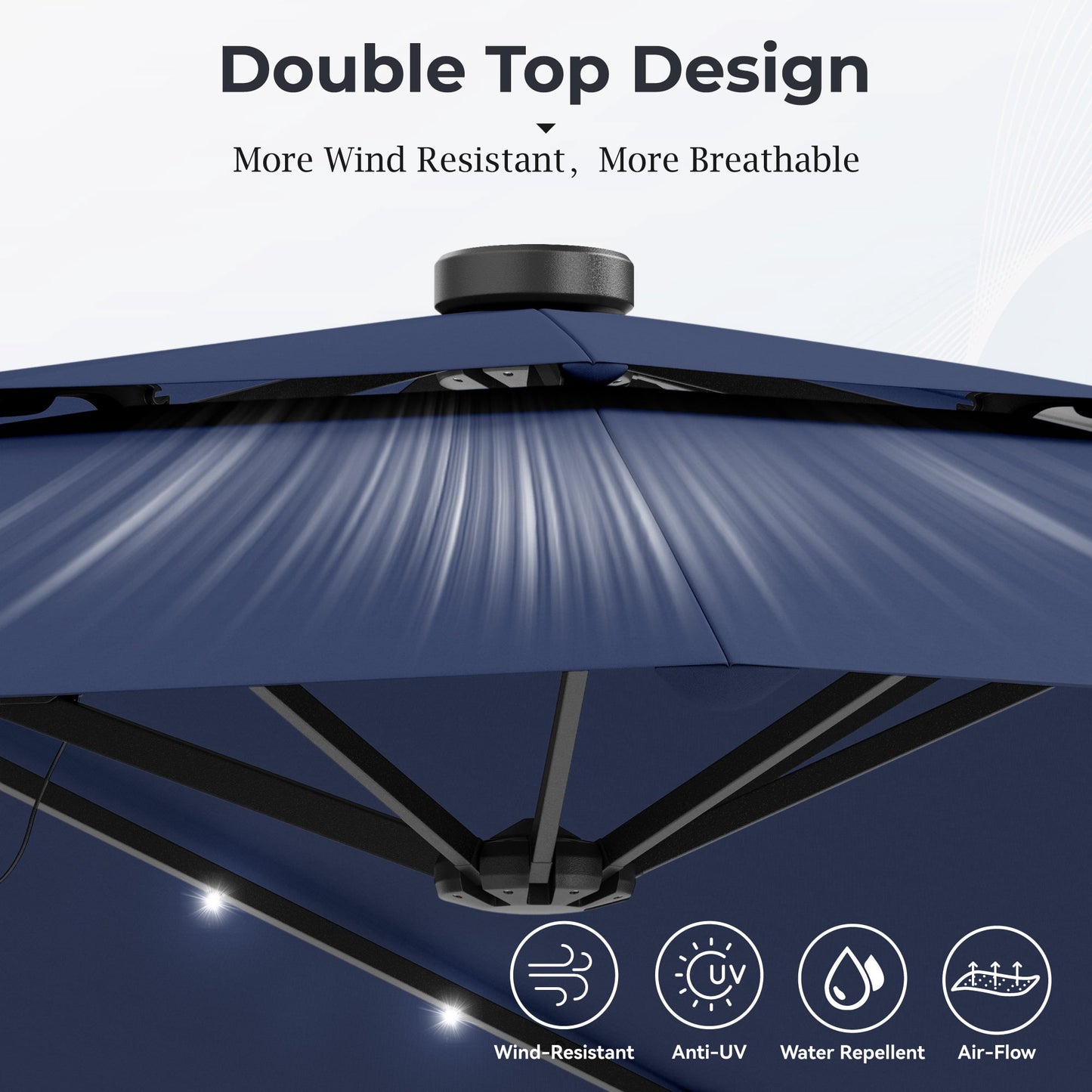 Alpha Joy 15ft Extra Large Outdoor Patio Umbrella Double-Sided Ventilation Umbrella with Led Lights & Umbrella Base, Navy Blue