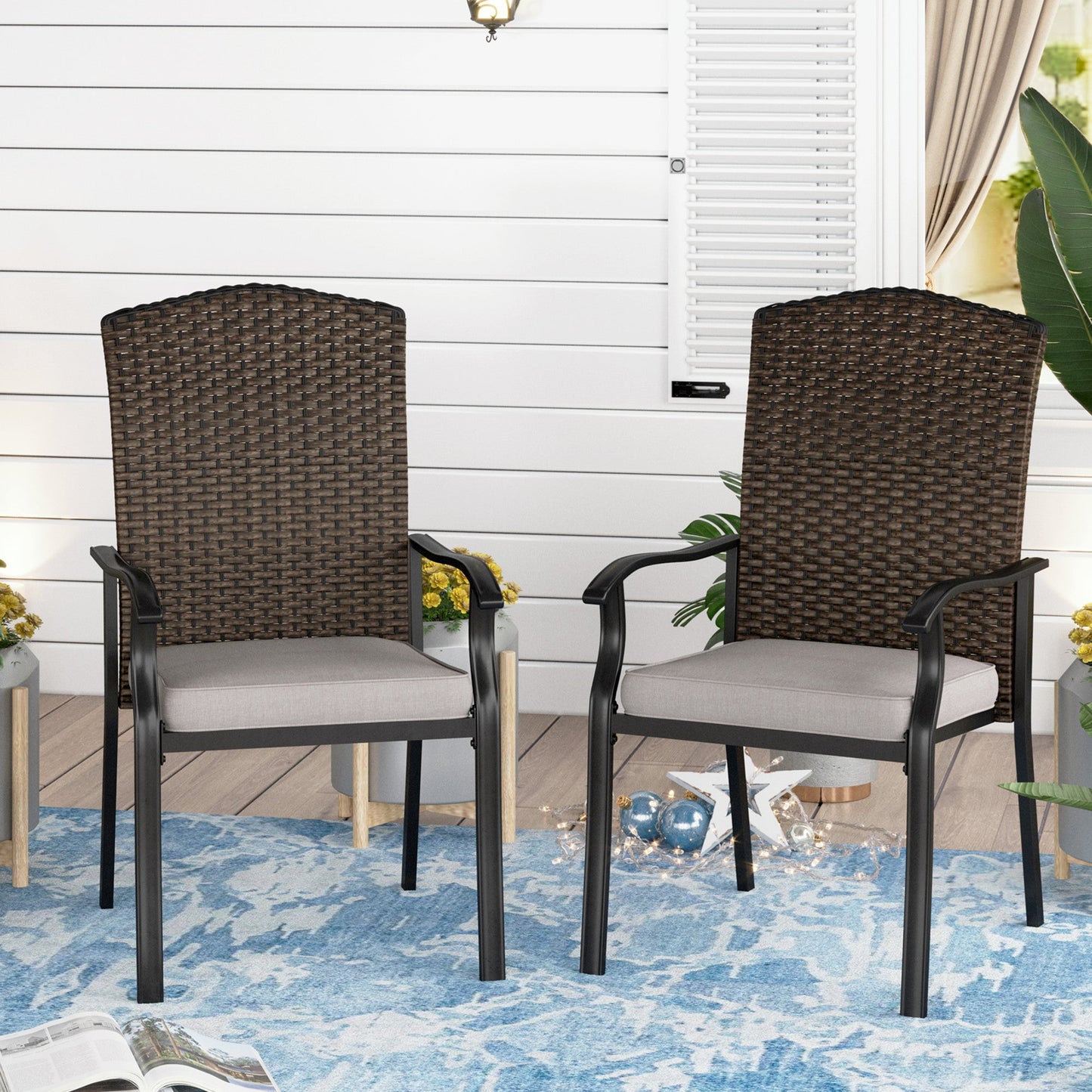 Sophia & William Outdoor Patio Dining Wicker Chairs with Cushions Set of 2