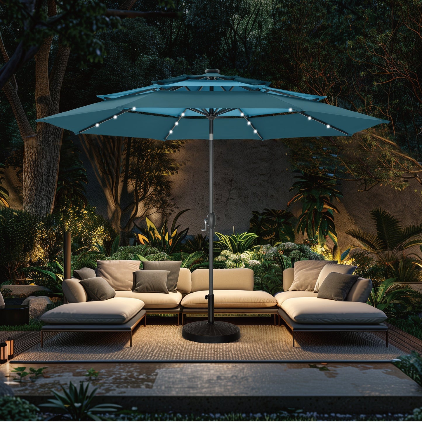 Alpha Joy 10ft 3-Tier Auto-Tilt Patio Umbrella, Steel Pole & Ribs ¨C Double Vented, Solar Lights, Peacock Blue & Cerulean