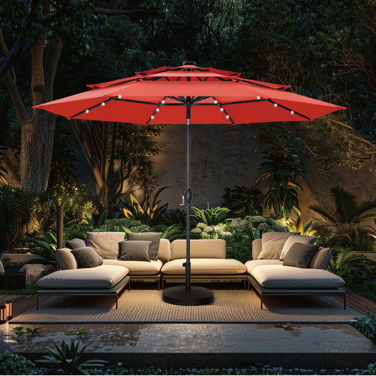 Alpha Joy 10ft 3-Tier Auto-Tilt Patio Umbrella, Steel Pole & Ribs ¨C Double Vented, Solar Lights, Orange Red