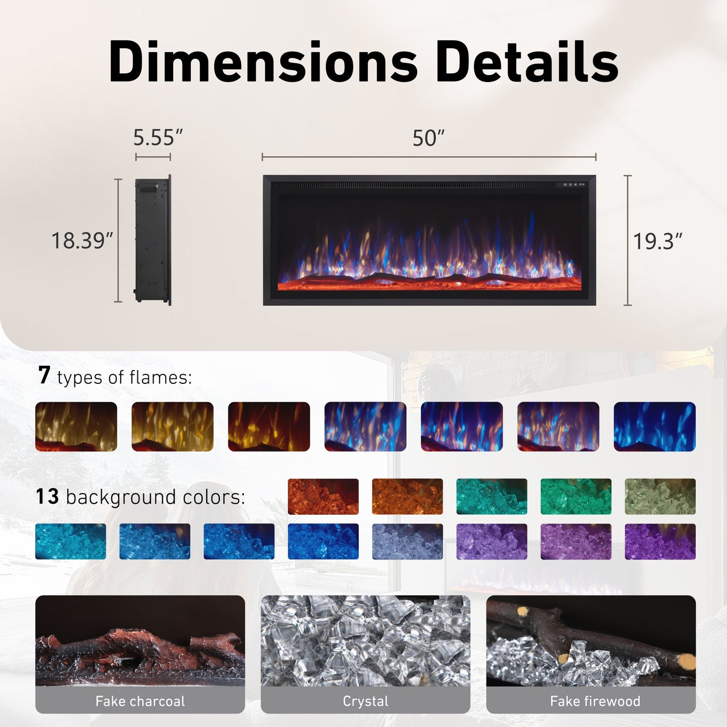 S&W 50" Electric Fireplace, Ultra-Slim Frame Recessed & Wall Mounted Fireplace Insert, Adjustable Flame Color & Speed, Remote Control