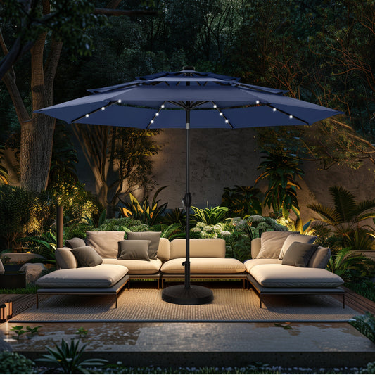 Alpha Joy 10ft 3-Tier Auto-Tilt Patio Umbrella, Steel Pole & Ribs ¨C Double Vented, Solar Lights, Navy Blue