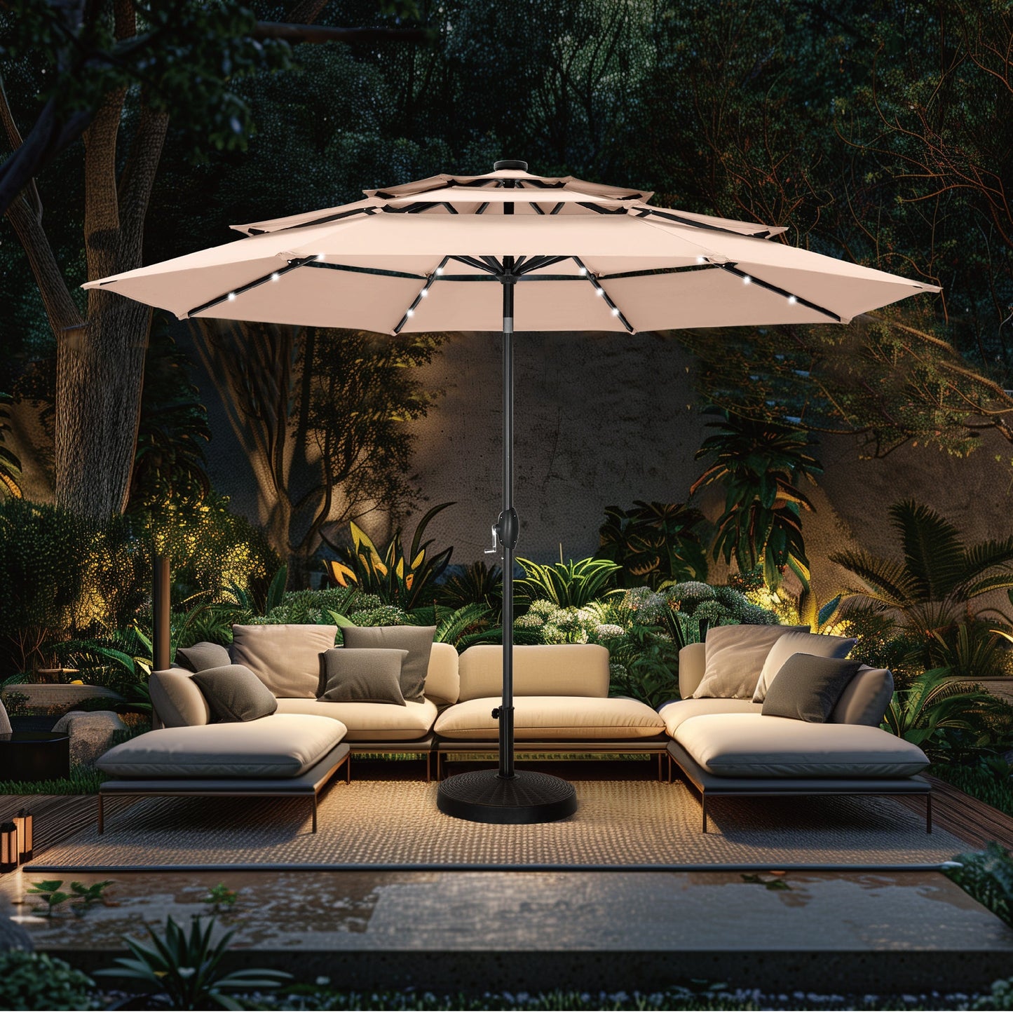 Alpha Joy 10ft 3-Tier Auto-Tilt Patio Umbrella, Steel Pole & Ribs ¨C Double Vented, Solar Lights, Beige