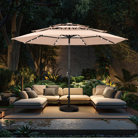 Alpha Joy 10ft 3-Tier Auto-Tilt Patio Umbrella, Steel Pole & Ribs ¨C Double Vented, Solar Lights, Beige