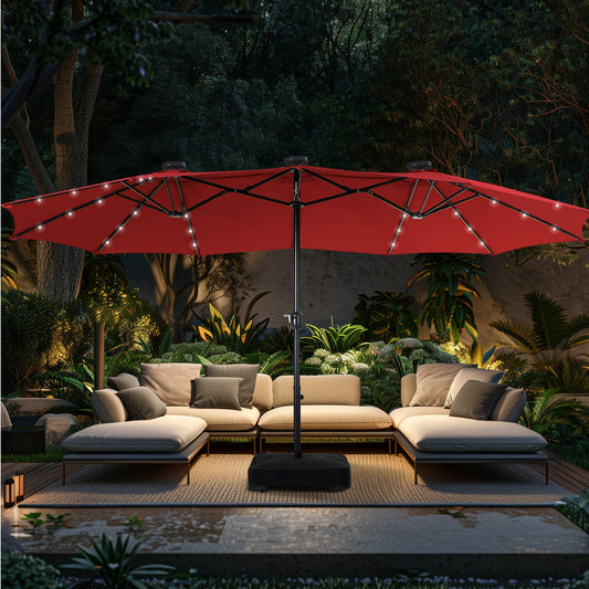 Alpha Joy 15ft Extra Large Outdoor Patio Double-Sided Umbrella with Solar Lights & Umbrella Base, Burgundy