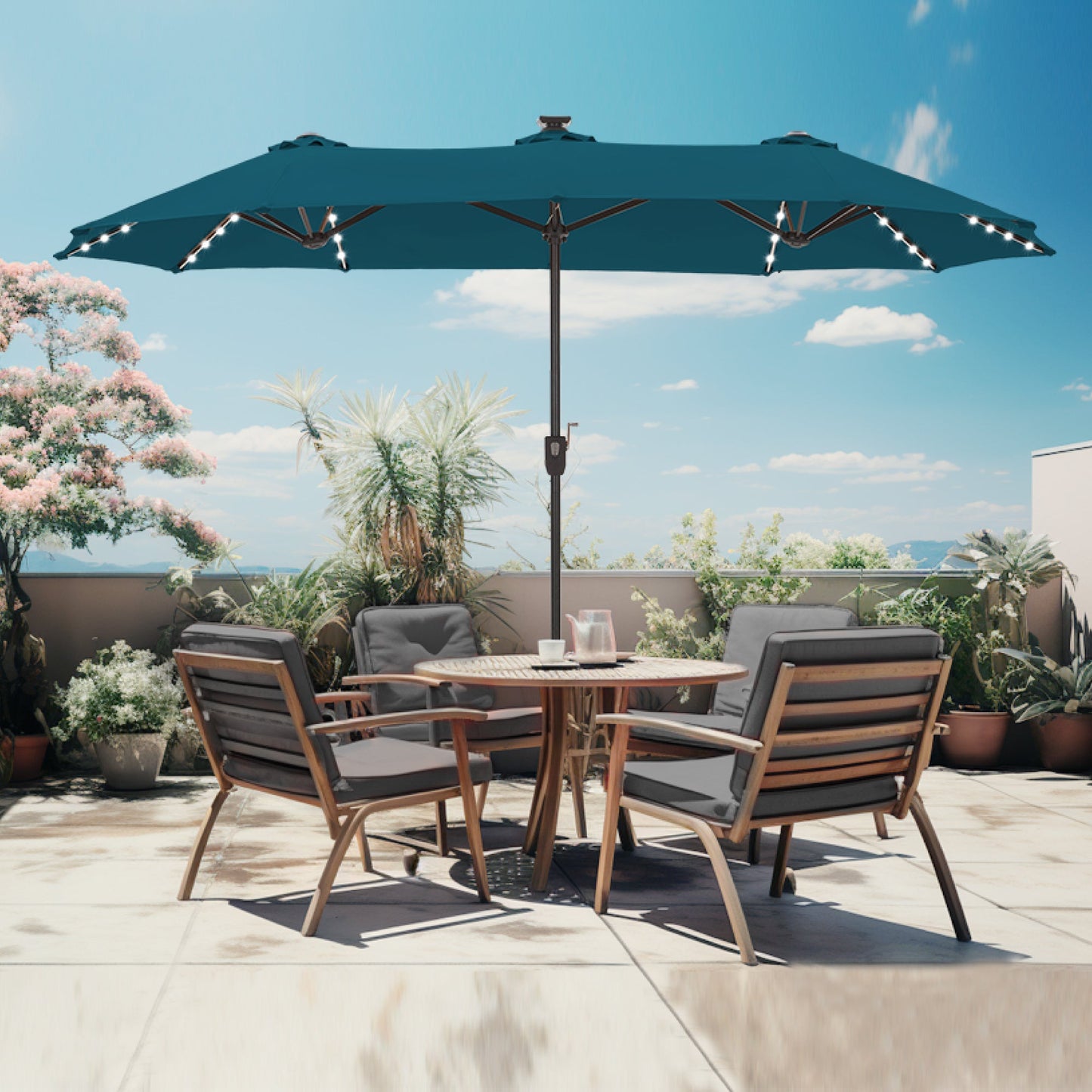 Alpha Joy 13ft Large Double-Sided Outdoor Patio Umbrella with Colorful Solar Lights, Cerulean