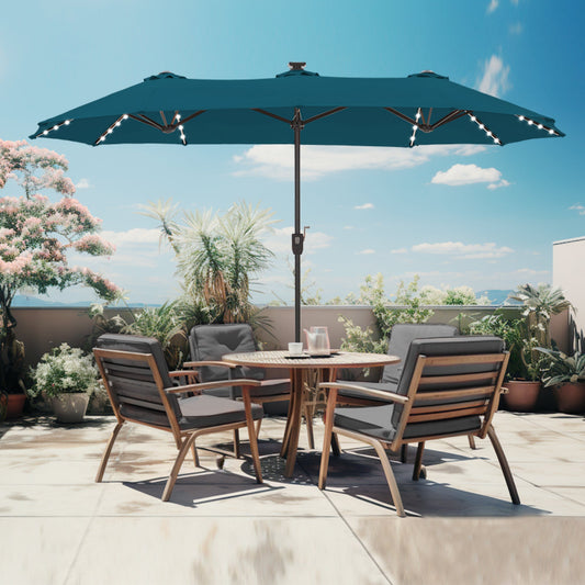 Alpha Joy 13ft Large Double-Sided Outdoor Patio Umbrella with Colorful Solar Lights, Cerulean