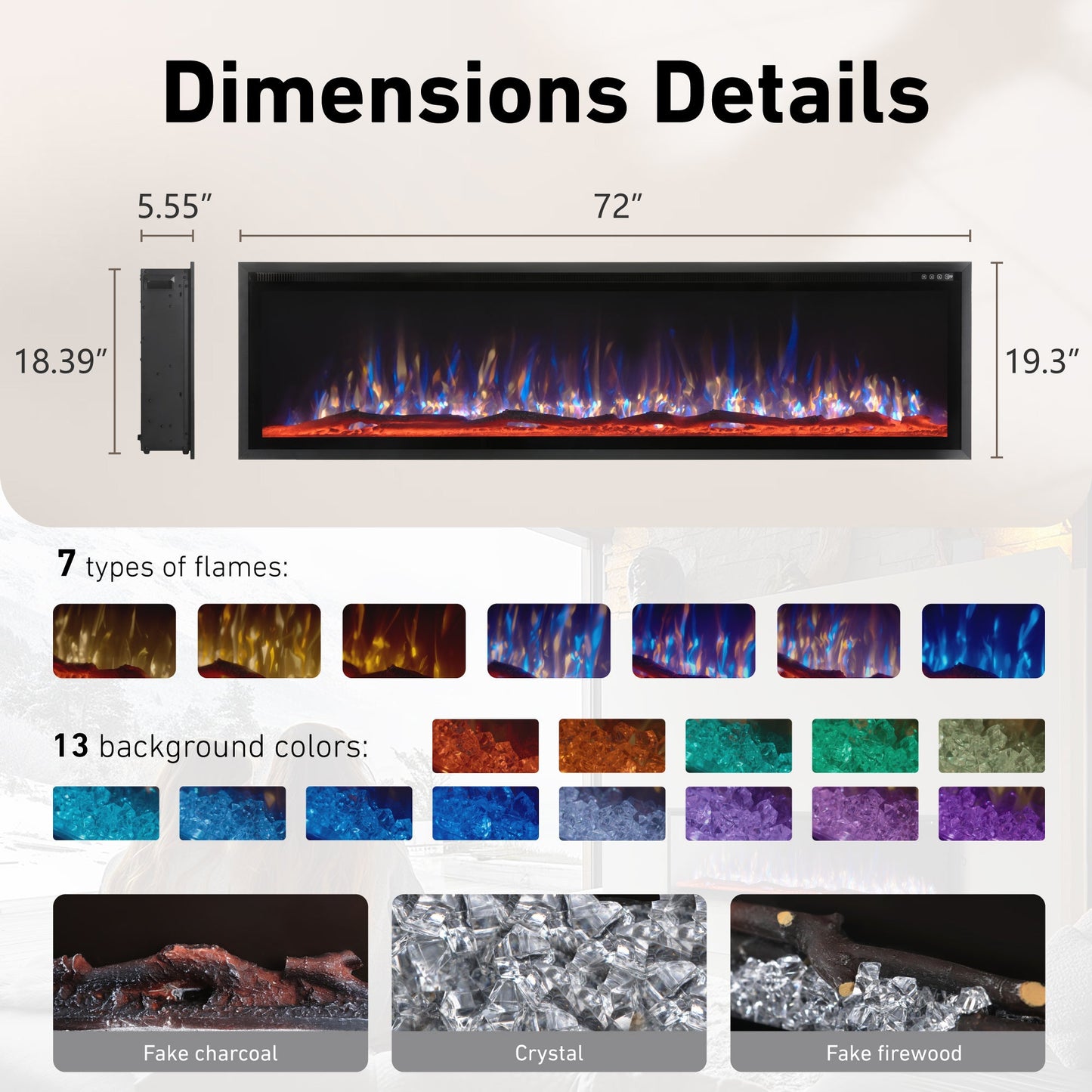 S&W 72" Electric Fireplace, Ultra-Slim Frame Recessed & Wall Mounted Fireplace Insert, Adjustable Flame Color & Speed, Remote Control