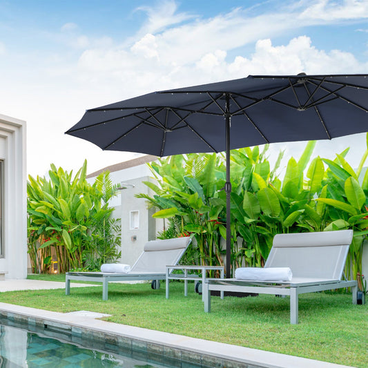 Sophia & William 15ft Patio Umbrella with Lights (Base Included), Extra Large Outdoor Double-sided Umbrella, Navy