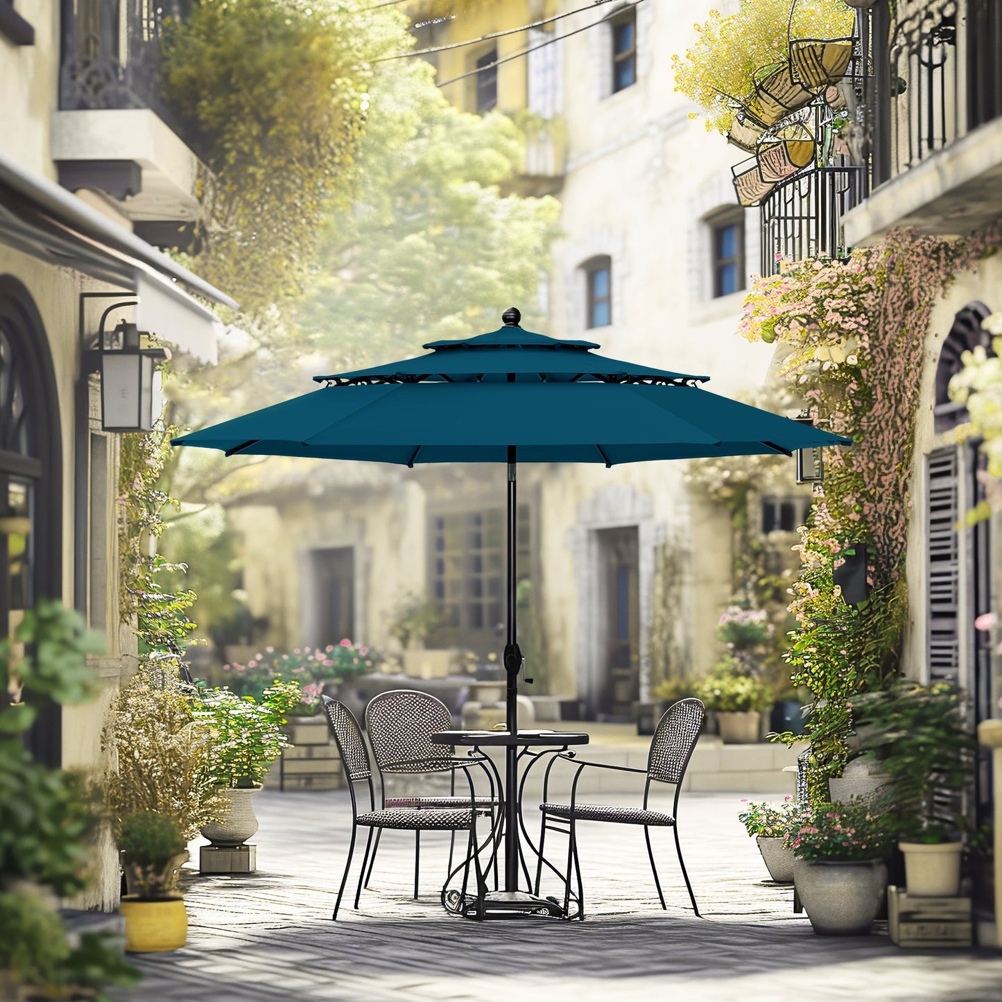 Alpha Joy 10ft 3 Tier Auto-Tilt Outdoor Patio Umbrella Beach Garden Double Vented Table Umbrella with Push Button and Crank, Cerulean