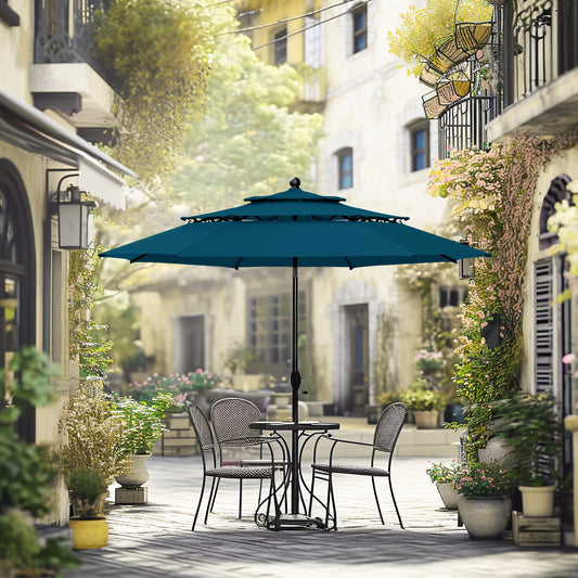 Alpha Joy 10ft 3 Tier Auto-Tilt Outdoor Patio Umbrella Beach Garden Double Vented Table Umbrella with Push Button and Crank, Cerulean