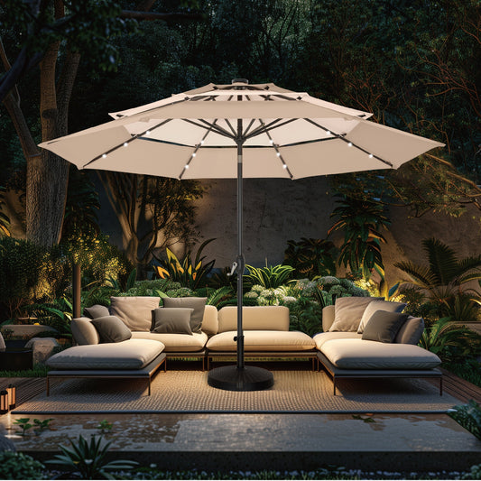 Alpha Joy 10ft 3-Tier Auto-Tilt Patio Umbrella, Steel Pole & Ribs ¨C Double Vented, Solar Lights, Beige & Tan