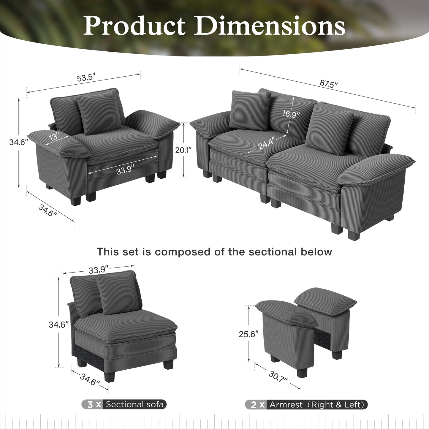 Sophia&William 3-Seat Convertible Sectional Sofa Couch, Modern Corduroy Cloud Couch Modular Sofa Sectional with Pillows for Living Room,Gray