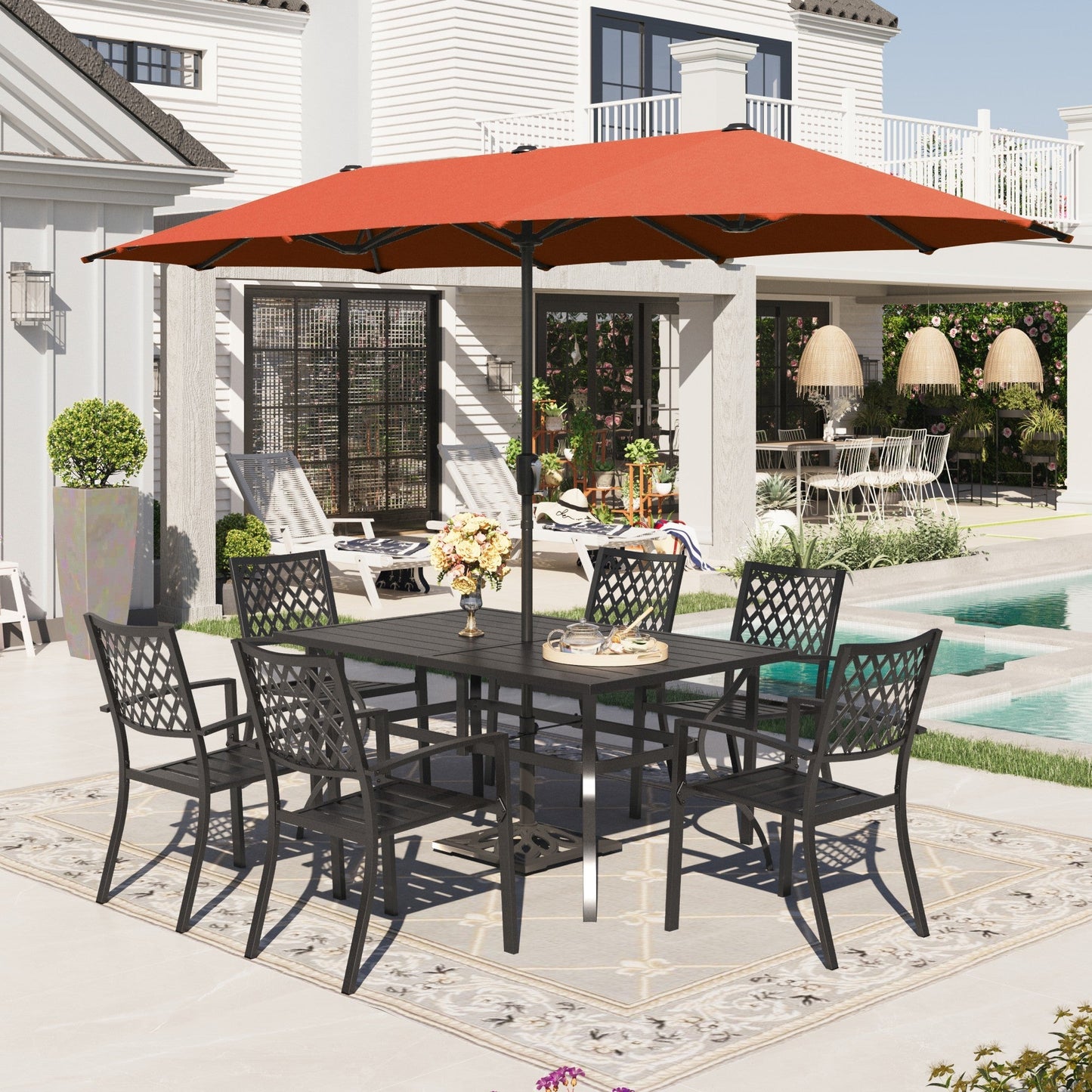 Sophia & William 8-Piece Outdoor Dining Set with 13 ft Double Sided Orange Red Umbrella, Patio Table & Metal Chairs for 6