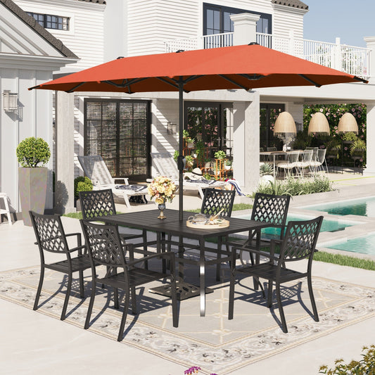 Sophia & William 8-Piece Outdoor Dining Set with 13 ft Double Sided Orange Red Umbrella, Patio Table & Metal Chairs for 6