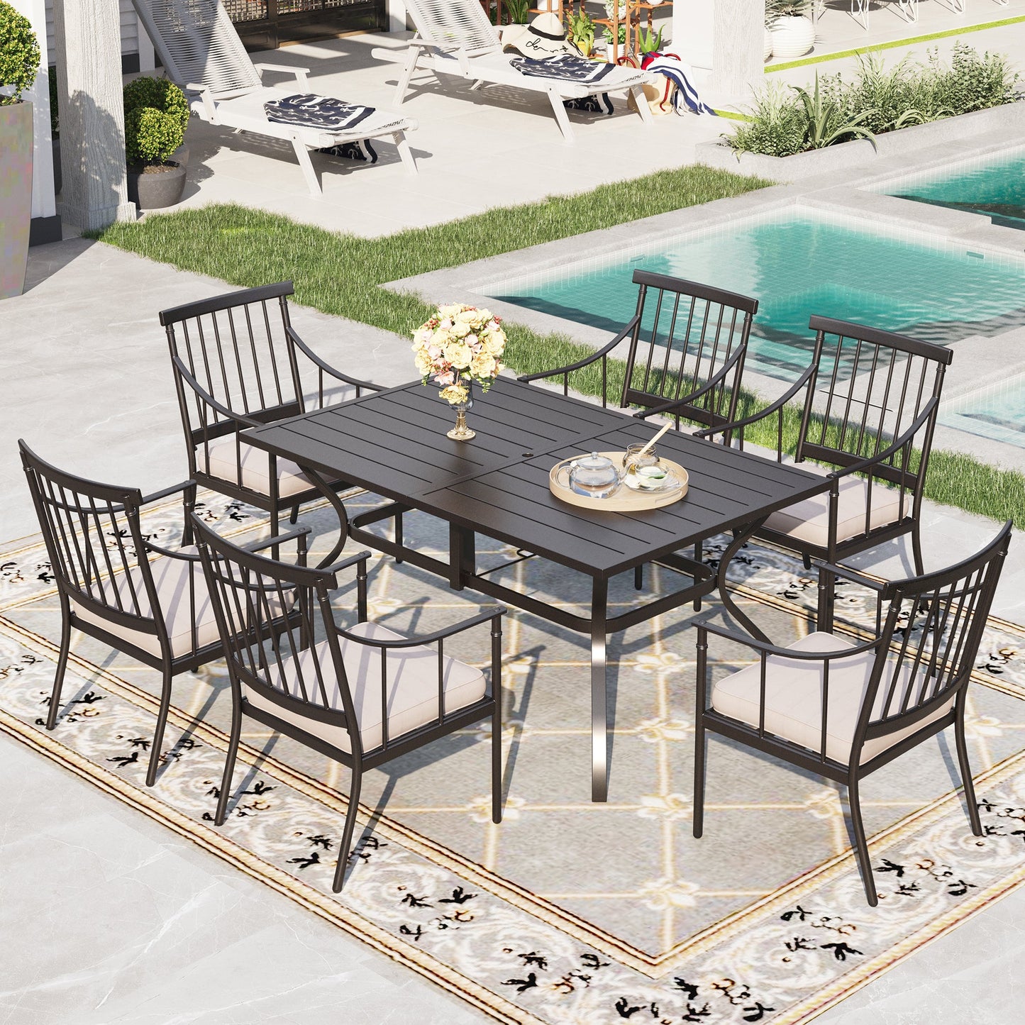Sophia&William 7-Piece Outdoor Patio Dining Set Metal Padded Chairs and Table Set Outside Furniture Set with Beige Cushions