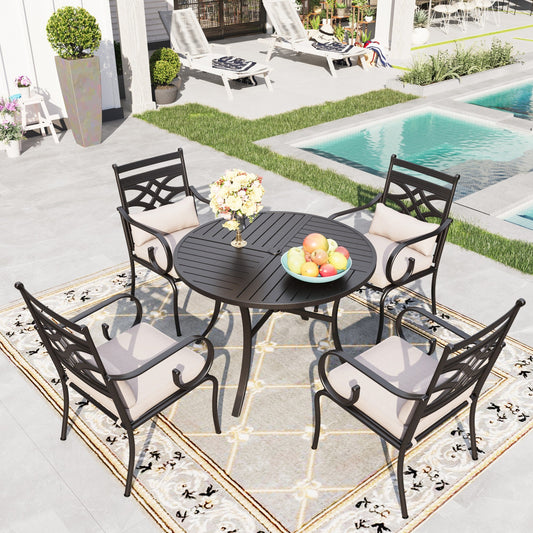 Sophia&William 5-Piece Outdoor Patio Dining Set Metal Cushioned Chairs and 42  Round Table Set with Cushion, Beige