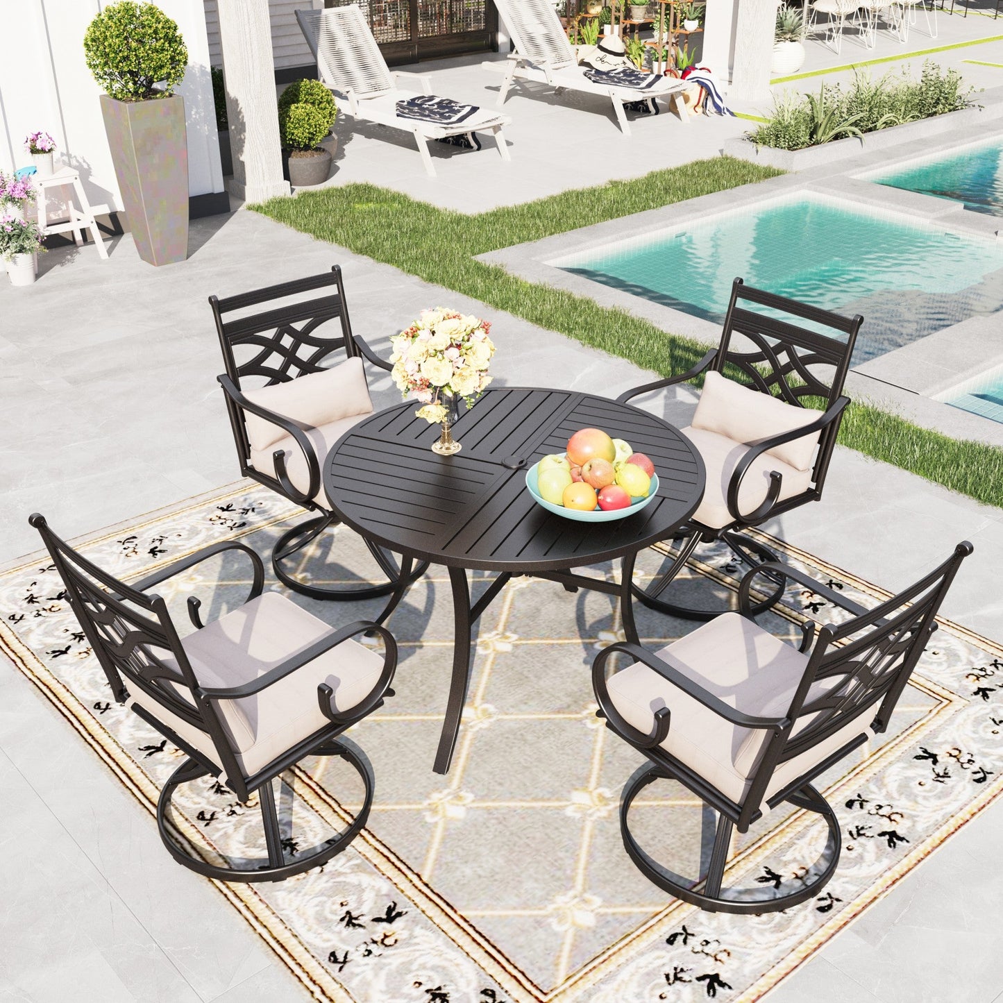 Sophia & William 5-Piece Outdoor Patio Dining Set Cushioned Swivel Chairs and Steel 42  Round Table with Cushion, Beige