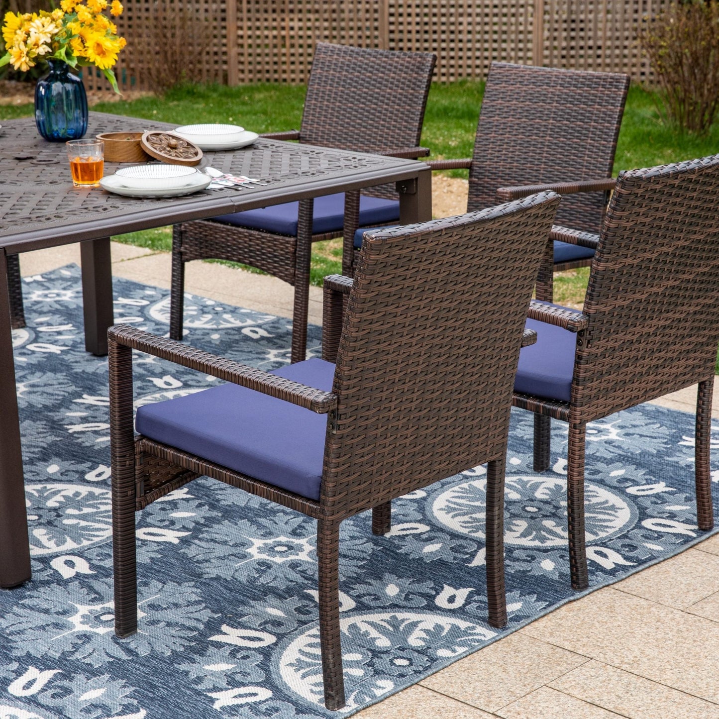 Sophia & William 9 Pieces Outdoor Patio Dining Set Square Cast Aluminum Metal Dining Table with Umbrella Hole & Cushioned Wicker Rattan Chairs Set for 8