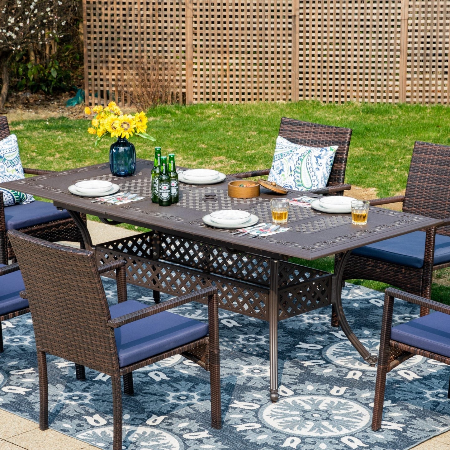 Sophia & William 7 Pieces Outdoor Patio Dining Set Extendable Rectangular Cast Aluminum Metal Table & Cushioned Wicker Rattan Chairs Set for 6
