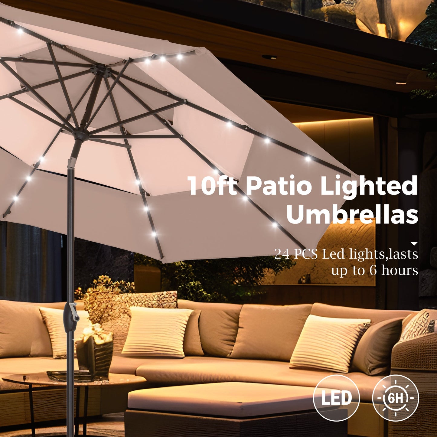 Alpha Joy 10ft 3-Tier Auto-Tilt Patio Umbrella, Steel Pole & Ribs ¨C Double Vented, Solar Lights, Beige & Tan