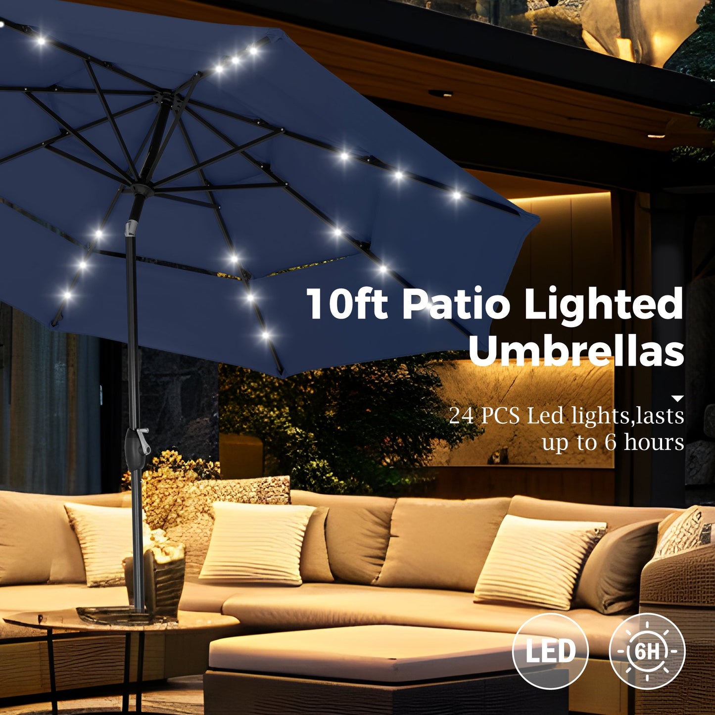 Alpha Joy 10ft 3-Tier Auto-Tilt Patio Umbrella, Steel Pole & Ribs ¨C Double Vented, Solar Lights, Navy Blue