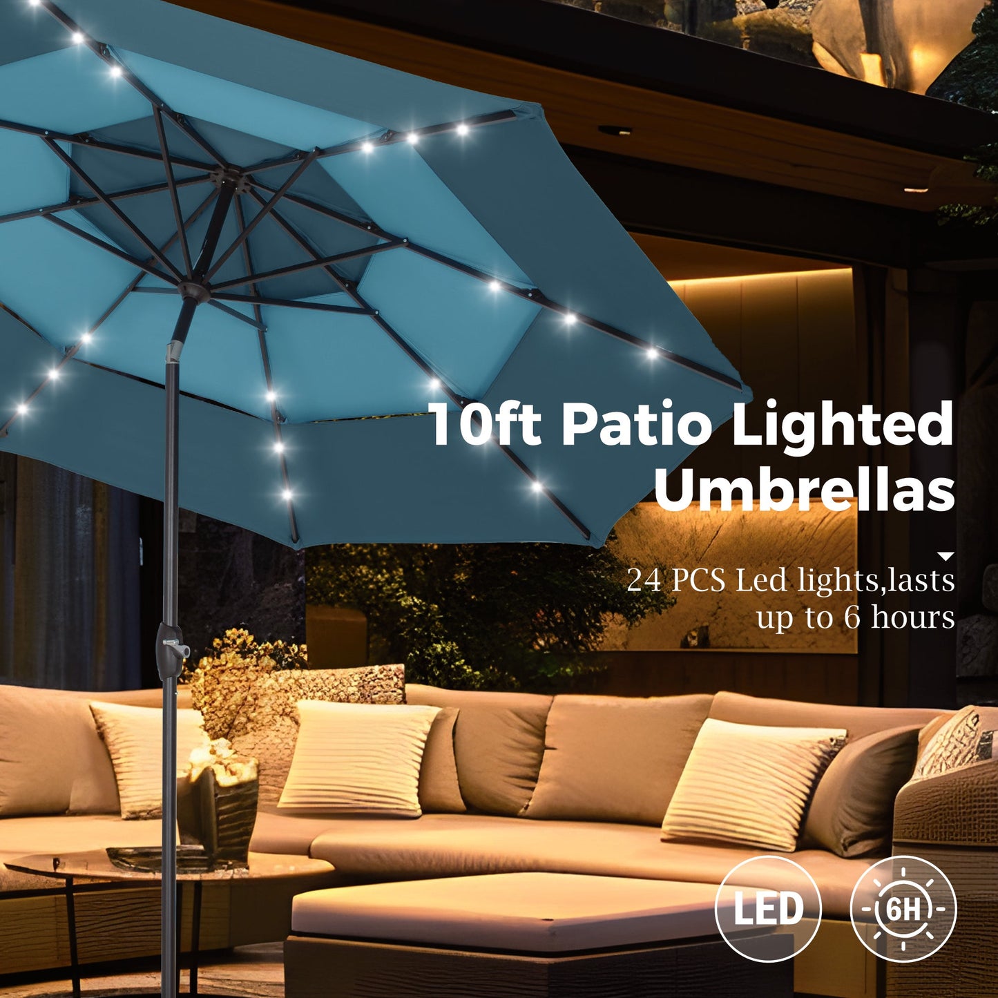 Alpha Joy 10ft 3-Tier Auto-Tilt Patio Umbrella, Steel Pole & Ribs ¨C Double Vented, Solar Lights, Peacock Blue & Cerulean